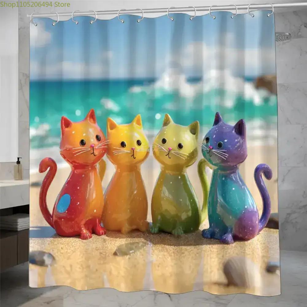 Home Bathroom Ideas - Kleurrijk regenboogkatten douchegordijn schattig cartoon kitten