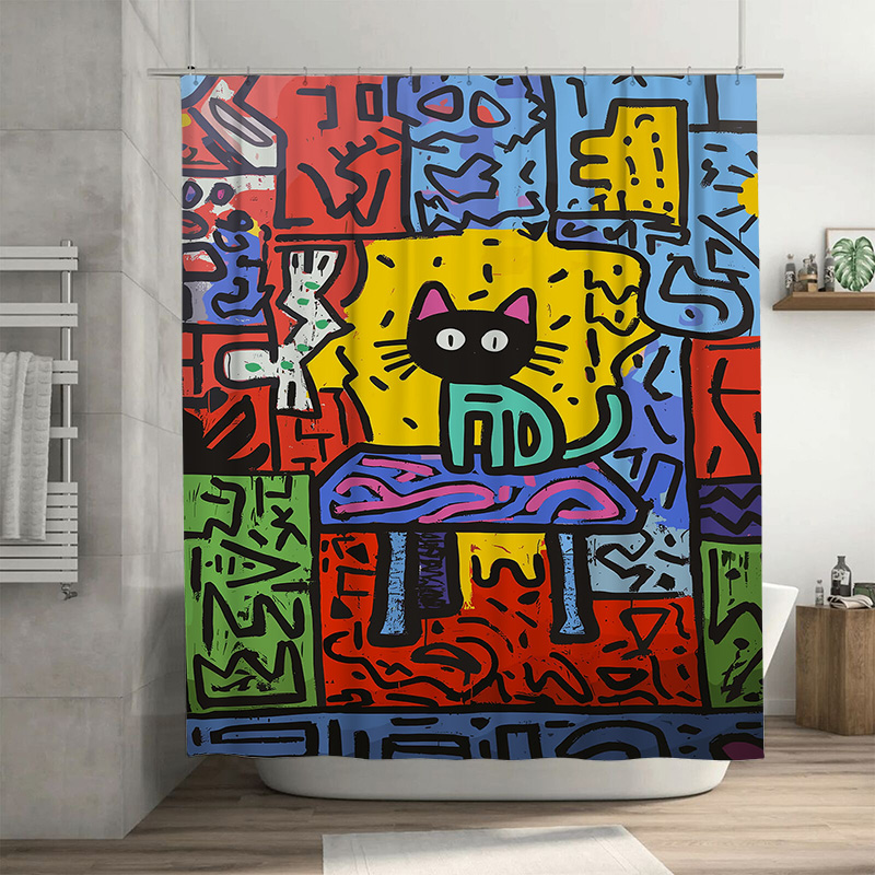 Home Bathroom Remodel - Felgekleurd graffiti douchegordijn met abstracte kat