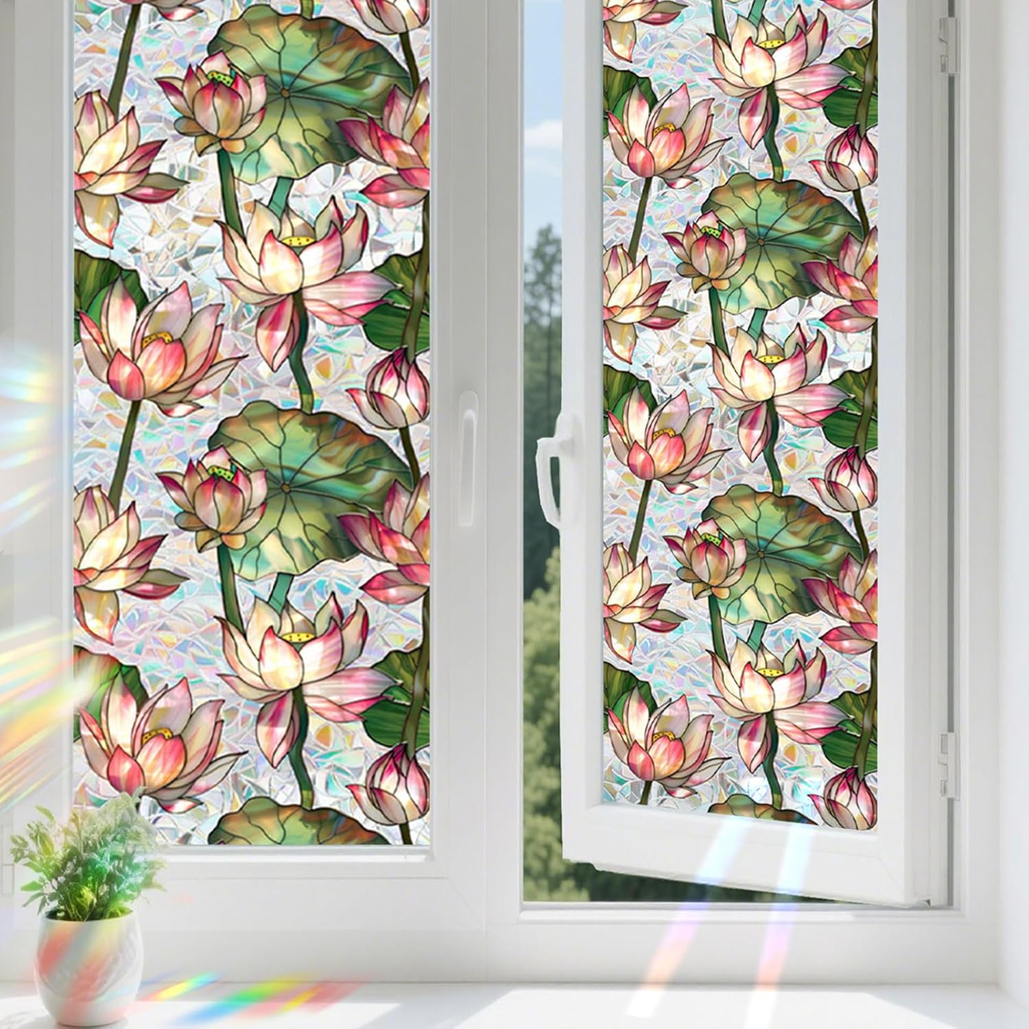 Home Bathroom Window Tint - Rainbow Lotus glas-in-lood raamfolie, privacyglassticker, UV-blokkerende